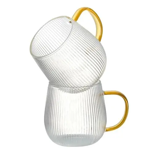 Produktbild: GLASKEY 2er-Set Borosilikatglas Kaffeebecher, 370 ml Glas Kaffeetasse mit Hellgelben Henkel,Hitzebeständige Gestreifte Teegläser,Geeignet für Cappuccino,Latte,Heiß-/kalte Getränke