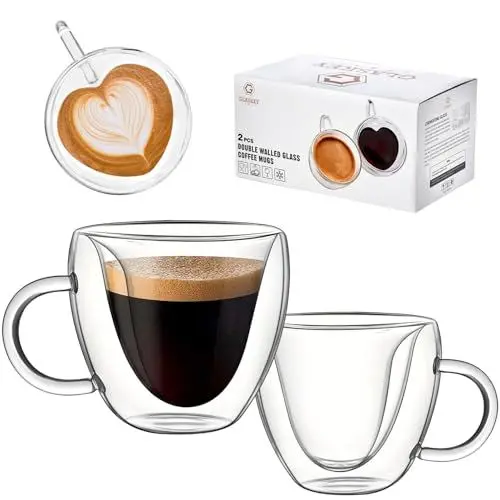 Produktbild: GLASKEY Herzförmige Espressotassen Doppelwandig 2er-Set, Einzigartige und Isolierte Borosilikatglas-Espressotassen mit Henkel,190ml Kaffeegläser Geeignet für Kaffee,Latte,Cappuccino und Tee