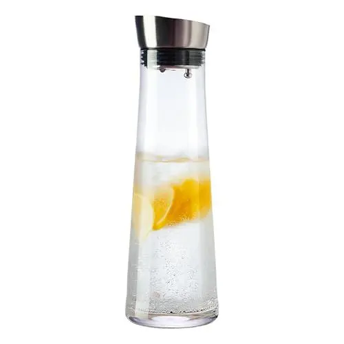 Produktbild: GLASKEY Wasserkaraffe, 1.2 Liter Glaskaraffe mit Deckel, Saftkrug aus Glas mit Schwerkraftdeckel aus Edelstahl, durchsichtiger Wasserkrug für Eistee, Limonade, Kaffee, Saftgetränke
