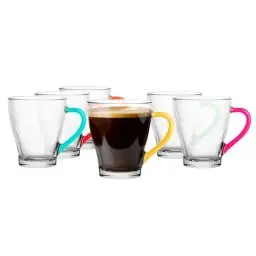 Produktbild: Glasmark KROSNO, 220ml, Set von 6, Gläser set, Trinkgläser aus Glas mit Henkel, farbiges Ohr, Trink-Glas, Tasse, Glasbecher mit Hörer, Spülmaschinenfest