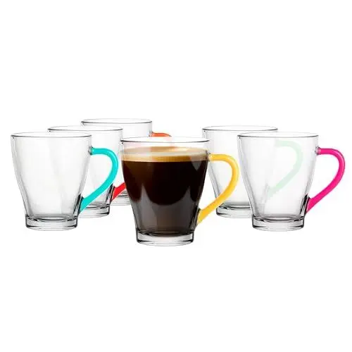 Produktbild: Glasmark KROSNO, 220ml, Set von 6, Gläser set, Trinkgläser aus Glas mit Henkel, farbiges Ohr, Trink-Glas, Tasse, Glasbecher mit Hörer, Spülmaschinenfest