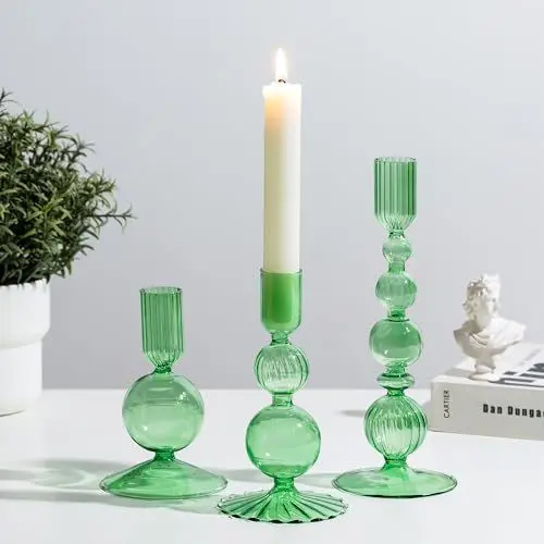 Produktbild: Glasseam Glas Kerzenständer Stabkerzen Grün: 3er Set Bunt Kerzenhalter Stabkerze Farbig Stabkerzenhalter für Tisch Deko Modern Kerzenständer Weihnachten für Wohnzimmer Esstisch Dekoration