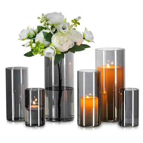 Produktbild: Glasseam Glasvase Zylinder Vase Grau: 6 Stück Glas Vasen Set für Wohnzimmer Deko Glaszylinder Windlicht - Runde Blumenvase Modern Glasvasen für Tischdeko Tulpen Pampasgras (10/15/20cm)