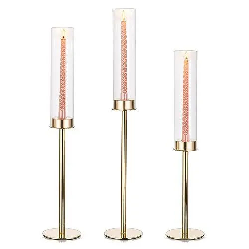 Produktbild: Glasseam Kerzenhalter Gold Metall, Stabkerzenhalter Glas Satz von 3, Kerzenständer Stabkerzen mit Zylinder Windlicht Glas, Kerzen Ständer für Hochzeit Deko, Tisch Kerzenleuchter für Haus Wohnzimmer