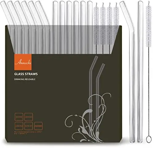 Produktbild: Glasstrohhalme Wiederverwendbar 16 Stück - 6 Gerade Glas Strohhalme und 6 Gebogene Strohhalme Glas 21,5 cm mit 4 Reinigungsbürsten, Geeignet für Bubble Tea, Slush, Cocktail, Säfte
