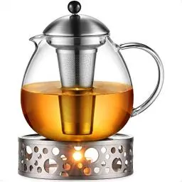 Produktbild: glastal 1500ml Silberne Teekanne mit Stövchen Teebereiter Glas und Edelstahl Teewärmer Teekanne Suit