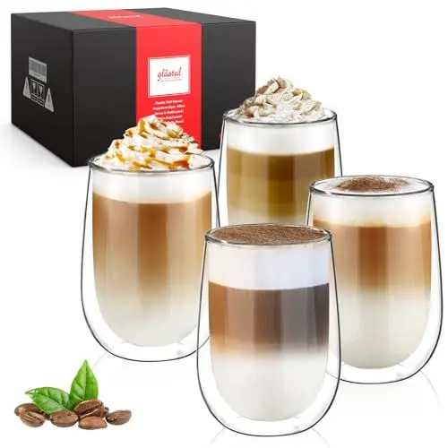 Produktbild: glastal 350ml Doppelwandige Latte Macchiato Gläser 4er Set Borosilikatglas Kaffeetassen Glas Kaffeeglas Teegläser für Cappuccino,Latte,Tee,EIS,Eistee,Iced Americano,Milch,Saft,Bier