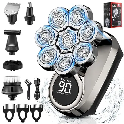 Produktbild: Glatzen Rasierer Herren, 8D Aufgerüsteter 6-in-1 Glatzen Rasierer Herren für 0,0 mm, wasserdichter Nass-/Trockenrasierer Herren elektrisch, kabelloser wiederaufladbarer Kopf Rasierer Herren