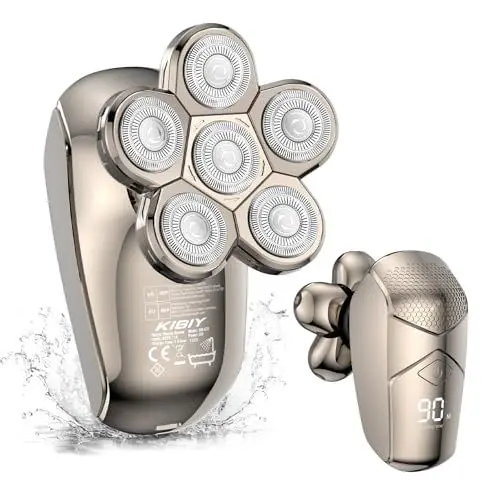 Produktbild: Glatzen Rasierer Herren Elektrisch, Kibiy 5-in-1 LED Kopfrasierer für Glatze mit 6 rotierenden Scherköpfen, IPX7 Wasserdichter Bart- und Nasenhaartrimmer Pflege Kit, Typ-C schnelle Aufladung