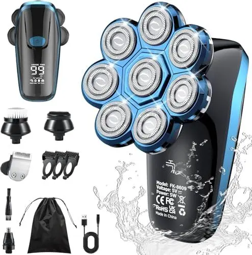 Produktbild: Glatzen Rasierer Herren elektrisch, 8D Kopfrasierer Glatze für 0,0 mm,Elektrorasierer Nass und Trockenrasierer IPX6 Wasserdichter LCD Anzeige Bart Nasenhaar Trimmer Pflege Kit USB-Aufladung