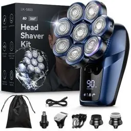 Produktbild: Glatzen Rasierer Herren elektrisch, Bazivve 7 in 1 Kopfrasierer für Glatze 0,0mm mit 8 Rotierende Scherköpfe, IPX7 Wasserdichter LCD Anzeige Bart Nasenhaar Trimmer Pflege Kit (Blau)