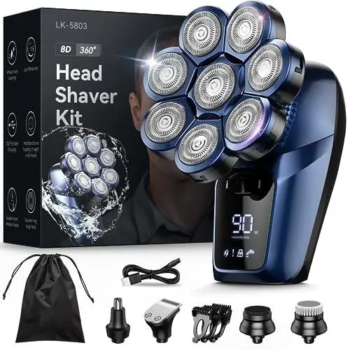 Produktbild: Glatzen Rasierer Herren elektrisch, Bazivve 7 in 1 Kopfrasierer für Glatze 0,0mm mit 8 Rotierende Scherköpfe, IPX7 Wasserdichter LCD Anzeige Bart Nasenhaar Trimmer Pflege Kit (Blau)