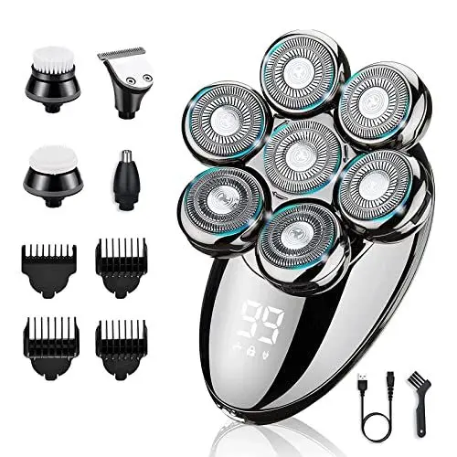 Produktbild: Glatzen Rasierer Nass und Trocken,6 In 1 Upgrade LED Kopfrasierer für Glatze mit 7 Rotierende Scherköpfe,Bart Nasenhaar Trimmer Pflege Kit,Kabelloser Wiederaufladbarer Head Shaver for bald men