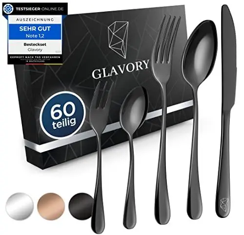 Produktbild: Glavory Lumina - Besteck Set 12 Personen Schwarz Hochglanz - 60teilig - Besteckset Spülmaschinenfest aus rostfreiem 18/8 Edelstahl - Schwarzes Besteck mit edler Verpackung