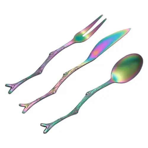 Produktbild: GLEAVI 3 Stück Retro Branch Messer Fork Löffel modernes Silberbesteck Gabeln Besteck Fruchtgabel breite Zinke Gabeln Edelstahl Reisebesteck Wurstbesteck Geleelöffel Rostfreier Stahl