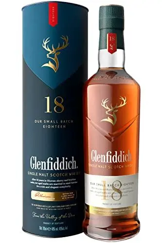 Produktbild: Glenfiddich 18 Jahre Single Malt Scotch Whisky mit Geschenkverpackung, 70cl - in Ex-Bourbon- & Oloroso Sherry-Fässern gereift für hochwertigen Genuss