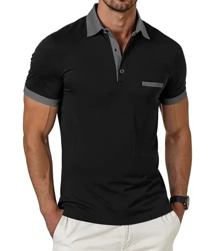 Produktbild: GLESTORE Poloshirt Herren Kurzarm Polo T Shirts Für Männer Basic Klassisches Golf Polohemden Schwarz L