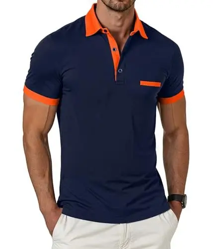 Produktbild: GLESTORE Poloshirt Herren Kurzarm Polo T Shirts Für Männer Basic Klassisches Golf Polohemden Marineblau&Orange XL