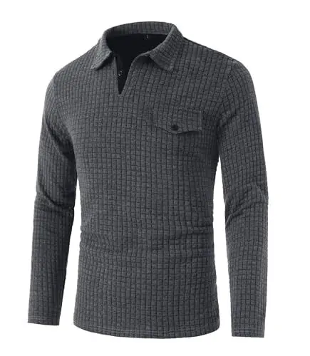 Produktbild: GLESTORE Poloshirt Herren Langarm Shirt Männer Polohemd Herren Golf Polo Hemd Dunkel Grau M