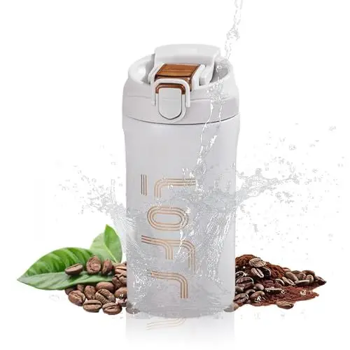 Produktbild: GLIESE Thermobecher Kaffeebecher aus 316 Edelstahl mit Trinköffnung und Strohhalm, 600 ml,Kaffeebecher to go,Travel Coffee Mug,Reisebecher,Isolierbecher,100% dicht,6 h heiß und 6 h kalt,Grauweiß
