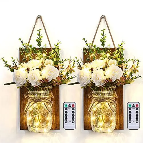 Produktbild: Glighone 2 Stück Wanddeko Wohnzimmer Wandleuchten Licht mit Blume Holz Dekoration LED Lichterkette Rustikale Wandlampe String Licht für Zuhause Dekoration Party Hochzeits Schlafzimmer Wand Dekoration