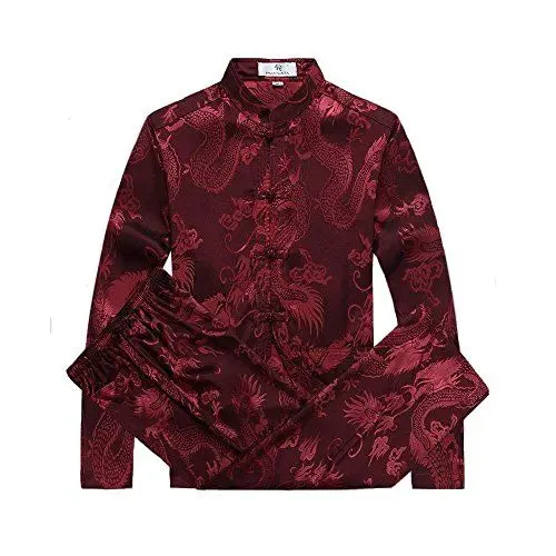 Produktbild: G-LIKE Chinesische Kleidung Tang Anzug - Traditionelle Klassische Kostüme Kampfkunst Kung Fu Tai Chi Qigong Lange Ärmel Drachen Muster Performance Uniform für Männer Frauen (Rot, L)