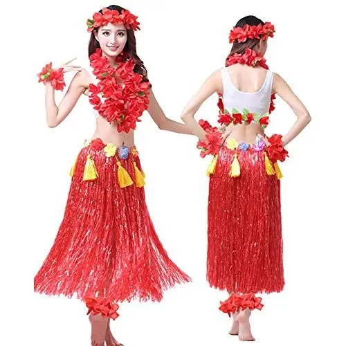 Produktbild: G-LIKE Hula Tanz Kleid Kostüm - Hawaii Tanzkleid Grasrock Zubehör Sexy Outfit Kleidung Set Verzierung Quasten Blumen Party Cosplay Maskerade Strandurlaub für Damen Mädchen - Kunststoff 8 In 1 (Rot)