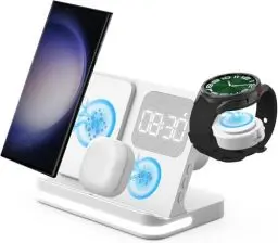 Produktbild: GLILAVOX 4 in 1 kabelloses Ladegerät mit Wecker Kompatibel mit Samsung,Induktive Ladestation für Galaxy Watch 7/FE/Ultra Galaxy Z Fold6/Z Flip6/S24/Ultra/S24+/S23/Note 20/Buds3 Ladestation(Weiß)
