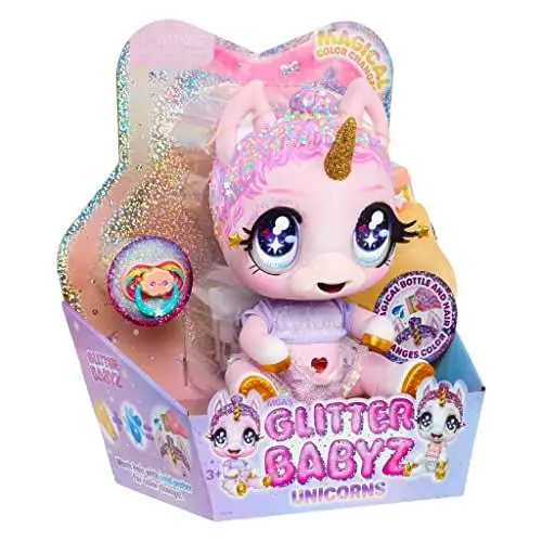 Produktbild: Glitter Babyz MGA Einhorn Baby-Puppe - Jewels Daydreamer - Mit magischen Farbwechseln, Lavendel Glitter Haar, Magic Outfit, Windel, Shampoo Flasche & Schnuller - Für Kinder ab 3 Jahren