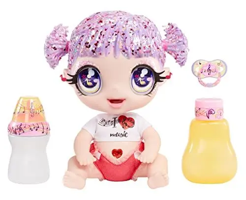Produktbild: Glitter Babyz MGA Melody HIGHNOTE - Babypuppe mit 3 magischen Farbwechseln durch eiskaltes Wasser, Lavendel-Glitzer-Haar, Musik-Outfit, Windel, Flasche und Schnuller - Für Kinder ab 3 Jahren
