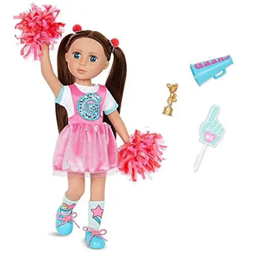 Produktbild: Glitter Girls Deluxe Puppe Cheerleader Alfie – Bewegliche 36 cm Puppe mit Puppenkleidung, Zubehör und braunen Langen Haaren zum Frisieren – Spielzeug ab 3 Jahren (14 Teile)