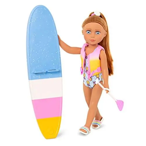 Produktbild: Glitter Girls Deluxe Puppe Surferin Tammy – Bewegliche 36 cm Puppe mit Puppenkleidung, Zubehör und braunen Langen Haaren zum Frisieren – Spielzeug ab 3 Jahren (8 Teile)