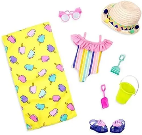 Produktbild: Glitter Girls Deluxe Puppenkleidung 36 cm Puppen Bade Outfit – Badeanzug, Strandtuch, Sandspielzeug, Sonnenhut, Sonnenbrille, Sandalen – Zubehör für Puppen, Spielzeug ab 3 Jahren