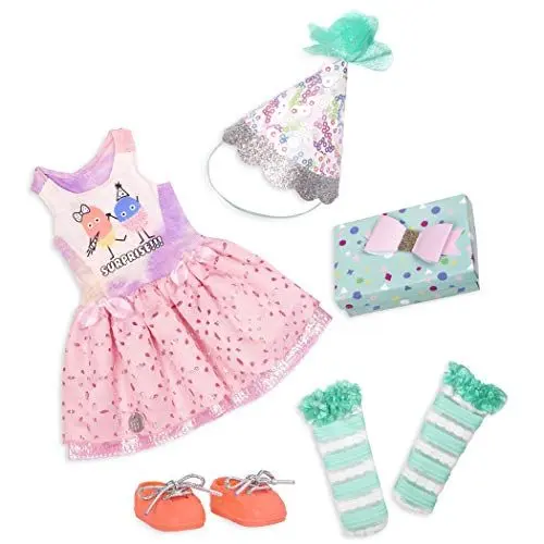 Produktbild: Glitter Girls Deluxe Puppenkleidung 36 cm Puppen Birthday Party Outfit – Kleid, Schuhe, Partyhut, Geschenk – Zubehör für Puppen, Spielzeug ab 3 Jahren