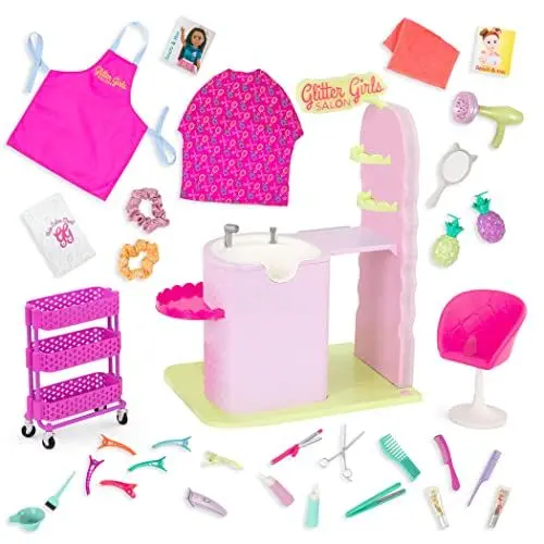 Produktbild: Glitter Girls Friseursalon mit Friseur Zubehör – Puppenzubehör für 36 cm Puppen mit Friseurwagen, Waschbecken, Accessoires und mehr – für Kinder ab 3 Jahren (35 Teile)