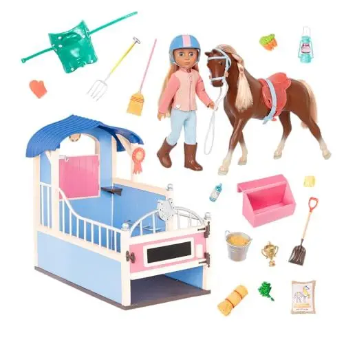 Produktbild: Glitter Girls GG51141Z Pferdestall mit Reiterin Milla, Pferd und Zubehör – Puppenzubehör für 36 cm Puppen mit Zaumzeug, Sattel, Scheune – Puppenhaus Accessoires, Spielzeug für Kinder ab 3 Jahren, Bunt