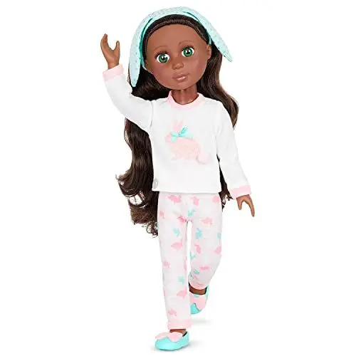 Produktbild: Glitter Girls Puppe Eniko – Bewegliche 36 cm Puppe mit Schlafanzug Puppenkleidung, Zubehör und braunen Langen Haaren zum Frisieren – Spielzeug ab 3 Jahren (6 Teile)