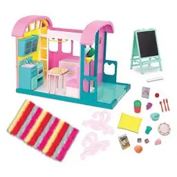 Produktbild: Glitter Girls Puppenhaus mit Zubehör – Großes Retro Stil Haus 64 cm mit Küche, Bett, Terrasse, Geschirr – Spielzeug für Kinder ab 3 Jahre (24 Teile)