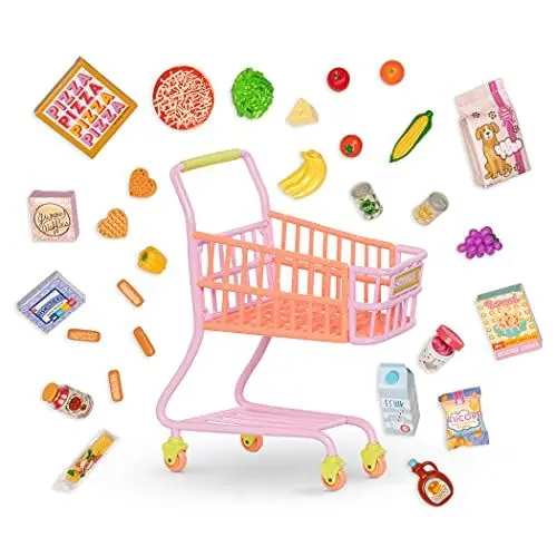 Produktbild: Glitter Girls Puppenzubehör – Einkaufswagen für Puppen Zubehör Set mit Lebensmitteln – Accessoires für 36 cm Puppen, Puppenhaus Puppenmöbel Spielzeug für Kinder ab 3 Jahren