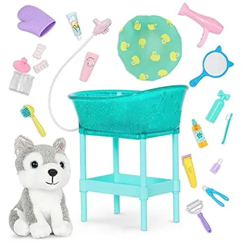 Produktbild: Glitter Girls Puppenzubehör – Kuscheltier Hund Husky mit Tierpflege Zubehör Set – Accessoires für 36 cm Puppen, Plüschtier und Puppenhaus Puppenmöbel Spielzeug für Kinder ab 3 Jahre