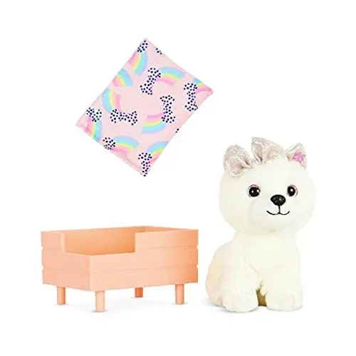 Produktbild: Glitter Girls Puppenzubehör – Kuscheltier Hund Pomeranian Chica mit Hundebett und Hundekissen – Accessoires für 36 cm Puppen, Plüschtier Spielzeug für Kinder ab 3 Jahre (3 Teile)