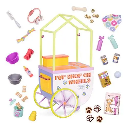 Produktbild: Glitter Girls Verkaufsstand mit Haustierbedarf – Puppenzubehör für 36 cm Puppen mit Hundefutter, Accessoires und mehr – für Kinder ab 3 Jahren (33 Teile)