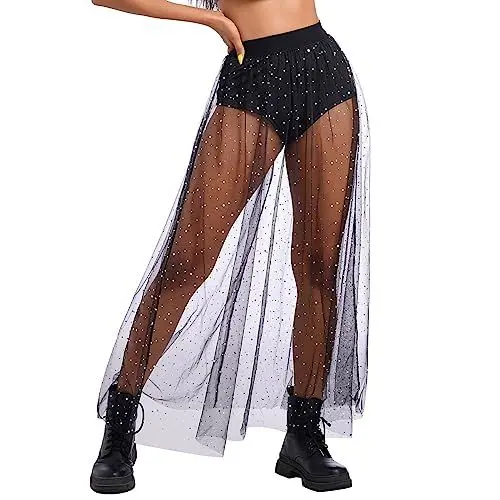 Produktbild: Glitzer Damen Festival Party Rock Mit Mesh Transparent Und Hose Drunter 2 In 1 - Frezeit Strand Clubwear Disco Maxi Röcke Schwarz02 S