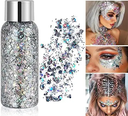 Produktbild: Glitzer Gesicht Body Glitter Gel, Meerjungfrau Glitzer Make Up, Festival Glitzer Gesicht Gel, Schminke Karneval Glitzer für Festival, Musikfestivals, Party, Masquerade, Body/Face/Haare/Lippen (Silber)