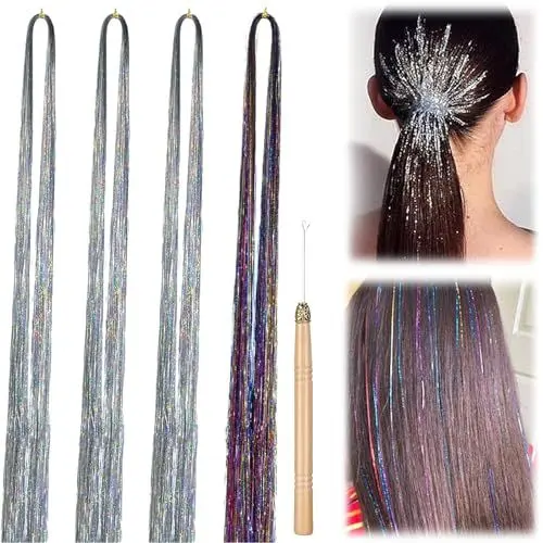 Produktbild: Glitzer Haarsträhnen Lametta, 4 Stück 120 cm Glitter Hair Tinsel Extensions Haarteil Haarverlängerung Strähnen Extensions Haarverlängerungen Geflochtenes for Frauen Mädchen