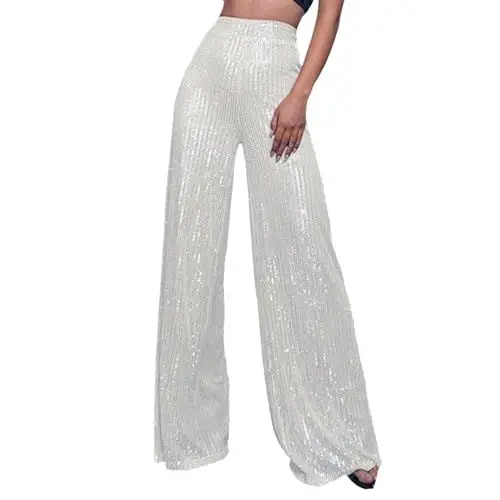 Produktbild: Glitzer Hose Damen, Elastische Festival Hip Hop Verziert mit Pailletten High Waist Silber Jogginghose Weitbeinhosen Lang Party Glitzerhose Elegant Glänzende Hose Pailettenhose Rave Outfit