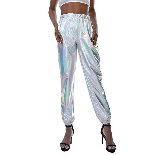 Produktbild: Glitzer Hose Damen Party: Sexy Damen Glänzend Wetlook Metallic Leggins Hohe Taille Hüfthoch Strumpfhose Hose Cargohose Hologramm Hip Hop Tanzhose Streethose Disco Festlich Abend Silber 2XL