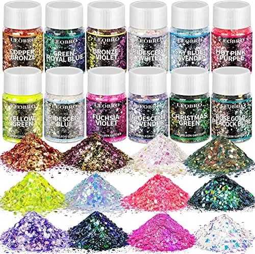 Produktbild: Glitzer, LEOBRO 12 Farben Holographic Chunky Chamäleon Glitter Set, Glitzer Pulver Pailletten für Resin, Epoxidharz, Gießen, Basteln, Festival Dekoration, DIY, Nagelkunst Blau