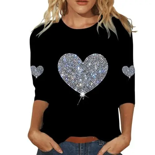 Produktbild: Glitzer Oberteile Damen Pailletten Oberteil Damen 3/4 Arm Shirt Frühling Oberteile Lässig Herzmuster Mode Oberteile Elegant Shirt Tops Streetwear Freizeit Party Club Karneval Kostüme