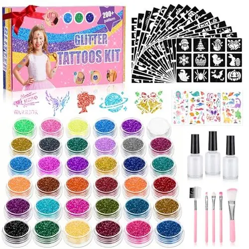 Produktbild: Glitzer Tattoo Set Kinder,Glitzertattoos Kinder Set für Mädchen-36 Farben,220 Tattoos Schablonen Inkl,3 Kleber&5 Pinsel,Glitzer Tattoo Mädchen Temporäres,Geschenk für Party Weihnachten